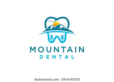 Dentist clinic logo in the countryside, with elements of mountains and pine trees, with sunset view.