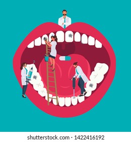Dentist clinic poster, banner. Doctors looking into the mouth with teeth. Teeth examination dentistry concept. Flat vector illustration