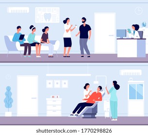 Dentist clinic. Tooth pain, patient queue in dentistry. Man with orthodontist, teeth health and care. Professional medical stomatology team vector