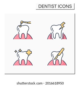 Dentist color icons set. Dental treatment, oral diseases, tooth health and care, surgery. Healthcare concept. Isolated vector illustrations