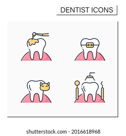 Dentist Color Icons Set. Orthodontics, Caries Treatment, Veterinary Dentistry, Dental Appliances. Healthcare Concept. Isolated Vector Illustrations