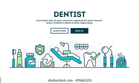 Dentist, colorful concept header, flat design thin line style, vector illustration