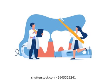 Dentist composition with doodle style human characters of dental doctors vector illustration. Friendly dentist examining patient's teeth at dentist office. Dental treatment and teeth care