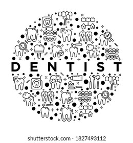 Dentist concept in circle with thin line icons: dental instruments, caries under magnifier, orthodontics, tooth extraction, veneers, braces, calculus, ultrasonic cleaning. Vector illustration.