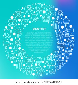 Dentist concept in circle with thin line icons: dental instruments, caries under magnifier, orthodontics, tooth extraction, veneers, tooth whitening, implant, braces, calculus. Vector illustration.