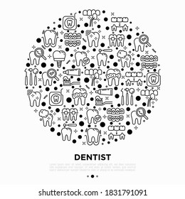 Dentist concept in circle with thin line icons: dental instruments, caries under magnifier, orthodontics, tooth extraction, veneers, tooth whitening, implant, braces, calculus. Vector illustration.