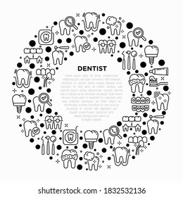 Dentist concept in circle with thin line icons: dental instruments, caries under magnifier, orthodontics, tooth extraction, veneers, tooth whitening, implant, braces, calculus. Vector illustration.