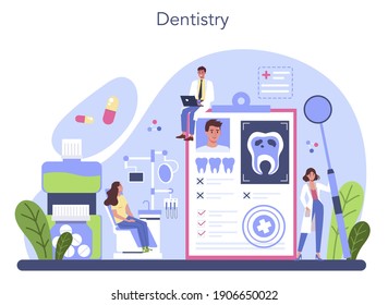 Dentist concept. Dental doctor in uniform treating human teeth using medical equipment. Idea of dental and oral hygiene. Caries treatment. Flat vector illustration