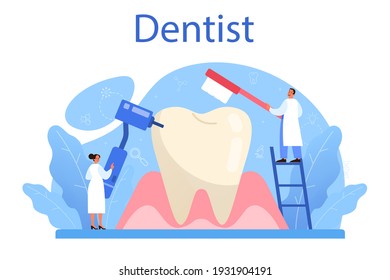 Dentist concept. Dental doctor in uniform treating human teeth using medical equipment. Idea of dental and oral hygiene. Caries treatment. Flat vector illustration