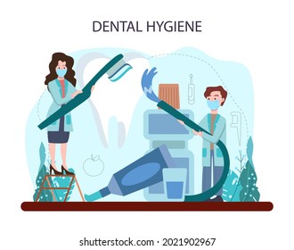 Dentist concept. Dental doctor in uniform treating human teeth using medical equipment. Idea of dental and oral care. Caries treatment. Flat vector illustration
