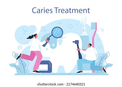 Dentist concept. Dental doctor in uniform treating human teeth using medical equipment. Idea of dental and oral care. Caries treatment. Flat vector illustration