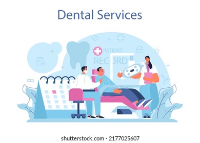 Dentist concept. Dental doctor in uniform treating human teeth using medical equipment. Idea of dental and oral care. Caries treatment. Flat vector illustration