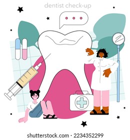 Dentist concept. Dental doctor in uniform treating human teeth using medical equipment. Caries and orthodontics disorders treatment. Flat vector illustration