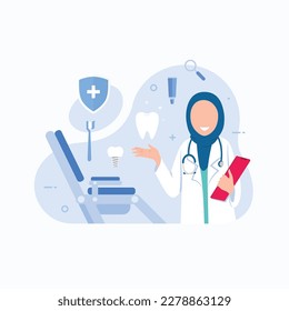 Dentist concept. Dental doctor in uniform treating human teeth using medical equipment. Idea of dental and oral hygiene. Caries treatment. Flat vector illustration