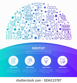 Dentist concept in half circle with thin line icons: dental instruments, caries under magnifier, orthodontics, tooth extraction, veneers, tooth whitening, implant, braces. Vector illustration.