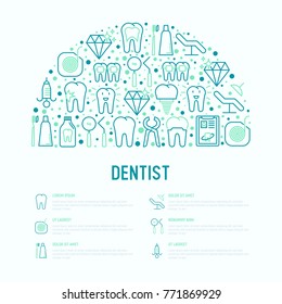 Dentist concept in half circle with thin line icons of tooth, implant, dental floss, crown, toothpaste, medical equipment. Modern vector illustration for banner, web page, print media.