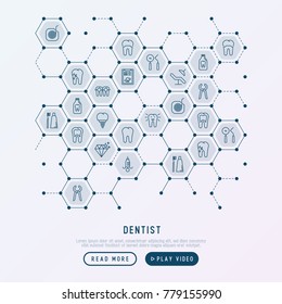 Dentist concept in honeycombs with thin line icons of tooth, implant, dental floss, crown, toothpaste, medical equipment. Modern vector illustration for banner, web page, print media.