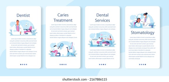 Dentist concept mobile application banner set. Dental doctor in uniform treating human teeth using medical equipment. Idea of dental and oral care. Caries treatment. Flat vector illustration