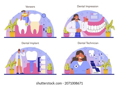 Dentist concept set. Dental doctor in uniform treating human teeth using medical equipment. Dental technician setting an implant or veneer. Flat vector illustration