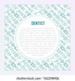 Dentist concept with thin line icons of tooth, implant, dental floss, crown, toothpaste, medical equipment. Modern vector illustration for banner, web page, print media.