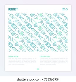 Dentist concept with thin line icons of tooth, implant, dental floss, crown, toothpaste, medical equipment. Modern vector illustration for banner, web page, print media.