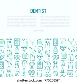 Dentist concept with thin line icons of tooth, implant, dental floss, crown, toothpaste, medical equipment. Modern vector illustration for banner, web page, print media.