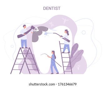 Dentist concept. Tooth treating with drill. Idea of dental and oral care. Caries treatment. Drilling tooth. Isolated flat illustration