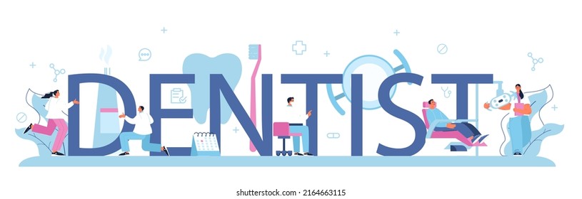 Dentist concept typographic header. Dental doctor in uniform treating human teeth using medical equipment. Idea of dental and oral care. Caries treatment. Flat vector illustration