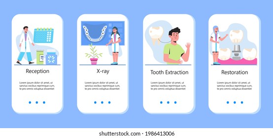 Dentist concept vector for app. Caries, tartar or tooth cyst treatment. Dental crown and filling, whitening of teeth. Removal tooth and x-ray. Orthodontist treat  pulpitis, periostitis, alveolitis.