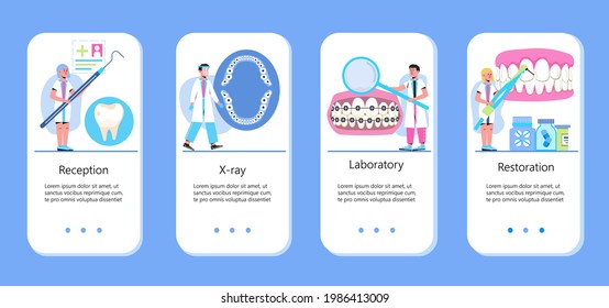 Dentist concept vector for app. Caries, tartar or tooth cyst treatment. Dental crown and filling, whitening of teeth. Removal tooth and x-ray. Orthodontist treat  pulpitis, periostitis, alveolitis.