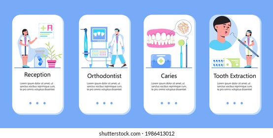 Dentist concept vector for app. Caries, tartar or tooth cyst treatment. Dental crown and filling, whitening of teeth. Removal tooth and x-ray. Orthodontist treat  pulpitis, periostitis, alveolitis.