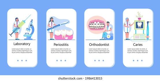 Dentist concept vector for app. Caries, tartar or tooth cyst treatment. Dental crown and filling, whitening of teeth. Removal tooth and x-ray. Orthodontist treat  pulpitis, periostitis, alveolitis.