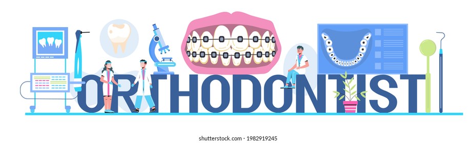 Dentist concept vector. Caries, tartar or tooth cyst treatment. Dental crown and filling, whitening of teeth. Removal tooth and x-ray. Orthodontist treat  pulpitis, periostitis, alveolitis.