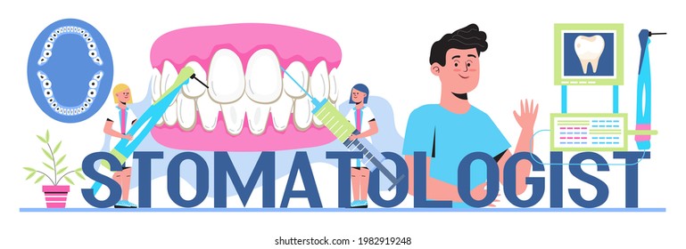 Dentist concept vector. Caries, tartar or tooth cyst treatment. Dental crown and filling, whitening of teeth. Removal tooth and x-ray. Orthodontist treat  pulpitis, periostitis, alveolitis.