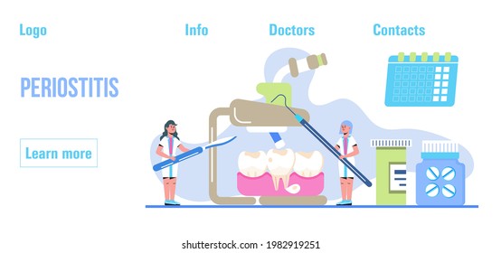 Dentist concept vector. Caries, tartar or tooth cyst treatment. Dental crown and filling, whitening of teeth. Removal tooth and x-ray. Orthodontist treat  pulpitis, periostitis, alveolitis.