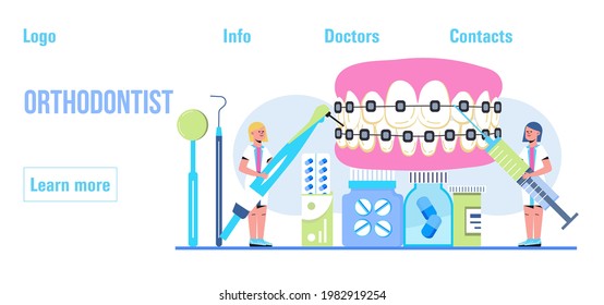 Dentist concept vector. Caries, tartar or tooth cyst treatment. Dental crown and filling, whitening of teeth. Removal tooth and x-ray. Orthodontist treat  pulpitis, periostitis, alveolitis.