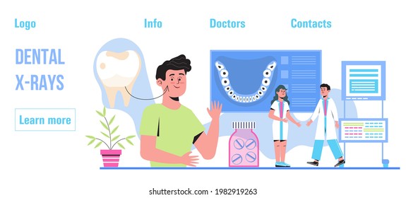 Dentist concept vector. Caries, tartar or tooth cyst treatment. Dental crown and filling, whitening of teeth. Removal tooth and x-ray. Orthodontist treat  pulpitis, periostitis, alveolitis.