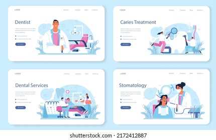 Dentist concept web banner or landing page set. Dental doctor in uniform treating human teeth using medical equipment. Idea of dental and oral care. Caries treatment. Flat vector illustration