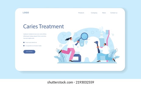 Dentist concept web banner or landing page. Dental doctor in uniform treating human teeth using medical equipment. Idea of dental and oral care. Caries treatment. Flat vector illustration