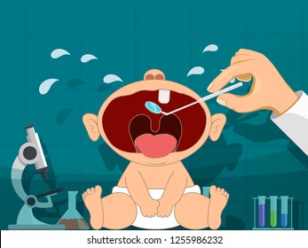 Dentist and crying baby. Teething infant. Vector flat graphics illustration.