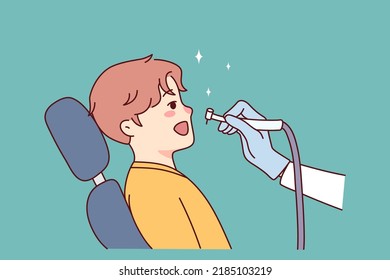 Dentist Cure Small Kid Teeth In Clinic. Little Boy Child At Dentistry Appointment In Hospital. Children Healthcare. Vector Illustration. 