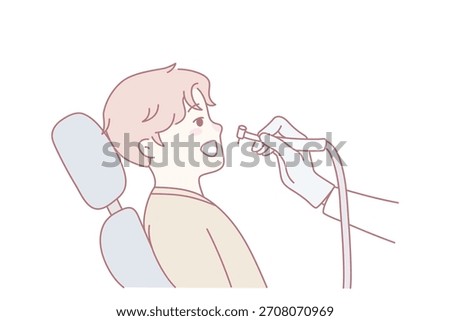 Dentist cure small kid teeth in clinic. Little boy child at dentistry appointment in hospital. Children healthcare. Vector illustration.
