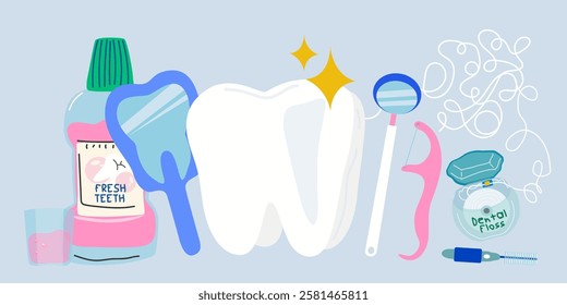 Dentist day cartoon poster. Tooth protection vector illustration. Teeth dentistry banner. Stomatology advertising design