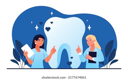Dentist day concept. Two women working on big bad tooth. Doctors treat caries in patient, put filling. Health care and oral hygiene. Medical poster or banner. Cartoon flat vector illustration