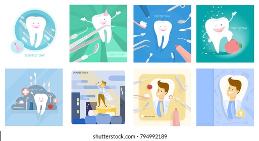 Dentist day set. Happy cartoon tooth and doctor.