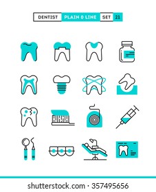 Dentist, dental care, healthy teeth, protection and more. Plain and line icons set, flat design, vector illustration