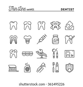 Dentist, dental care, healthy teeth, protection and more, thin line icons set, vector illustration