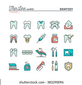 Dentist, dental care, healthy teeth, protection and more, thin line color icons set, vector illustration