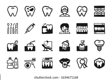 Dentist and dental care, mouth and teeth icon set. Hand draw icon doodle.