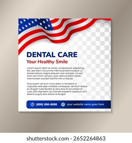 Dentista e cuidados dentários, seu sorriso saudável banner de mídia social ou consultor banner ou folheto quadrado para a promoção dessa indústria.